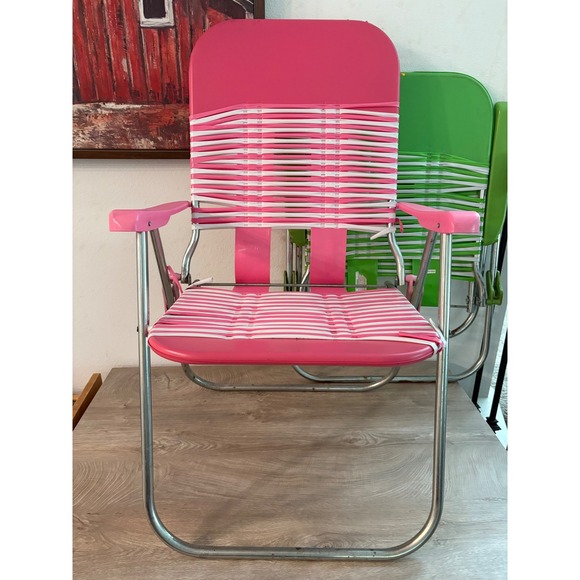 2 Vintage Vinyl Tube Plastic Aluminum Folding Lawn Chairs Green and pink